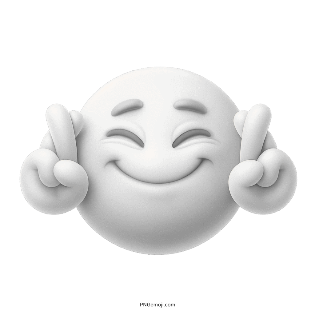 Minimal white 3D emoji smiling with fingers crossed for hope, luck, and positivity