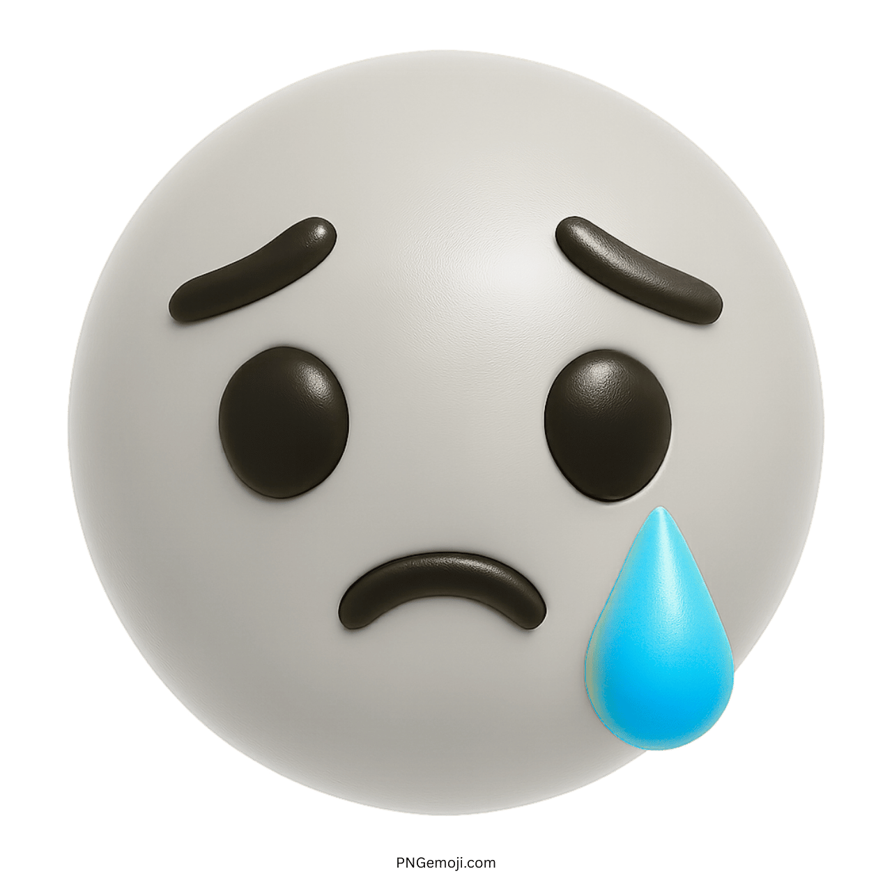3D white sad emoji with black eyes and blue teardrop showing emotional sadness
