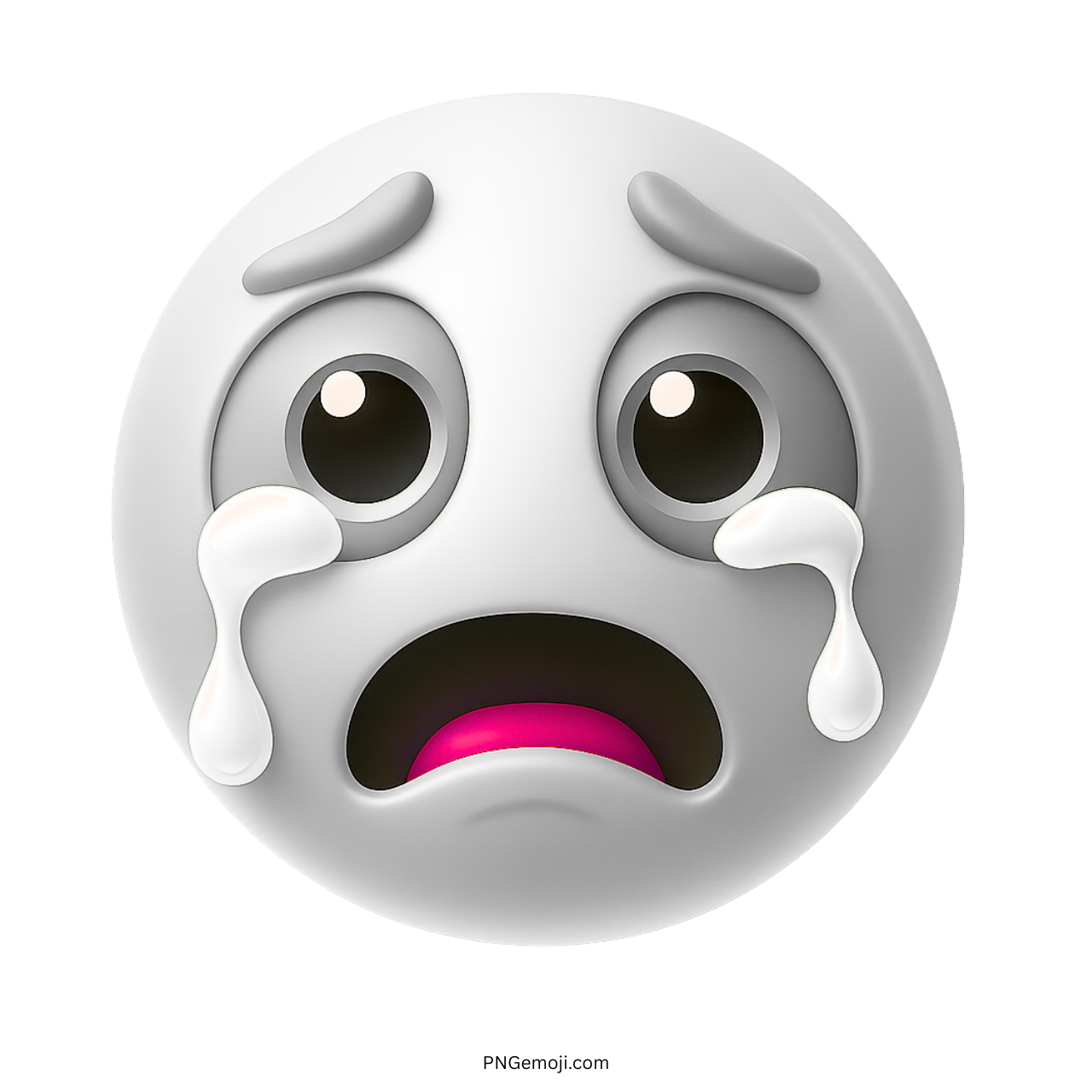 3D white crying emoji with teardrops, sad facial expression, and emotional reaction PNG