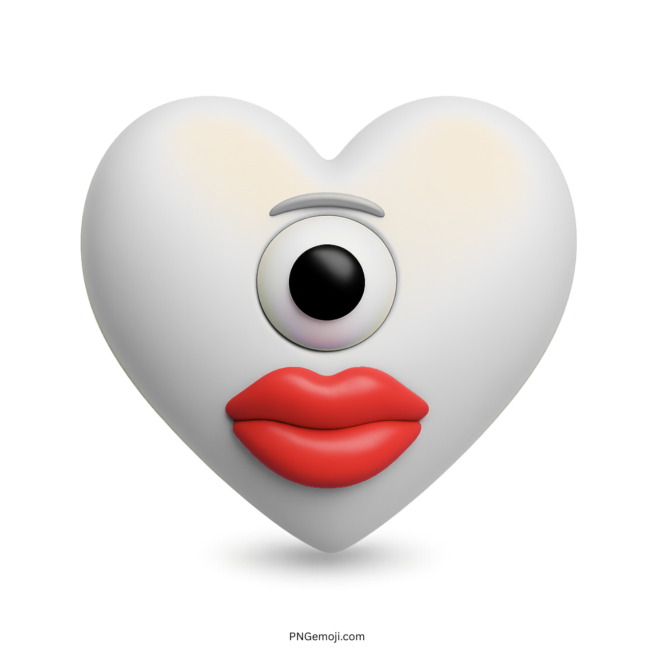 3D white heart emoji with single eye and red lips on transparent background