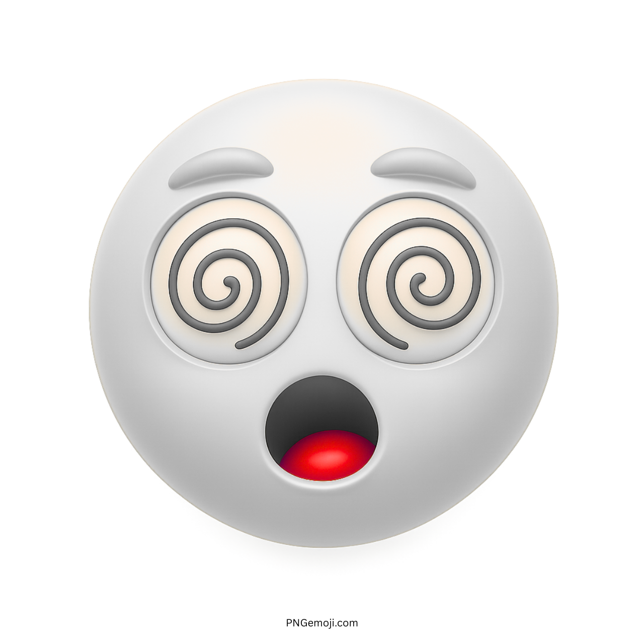White dizzy emoji with spiral eyes and shocked glowing red mouth expression