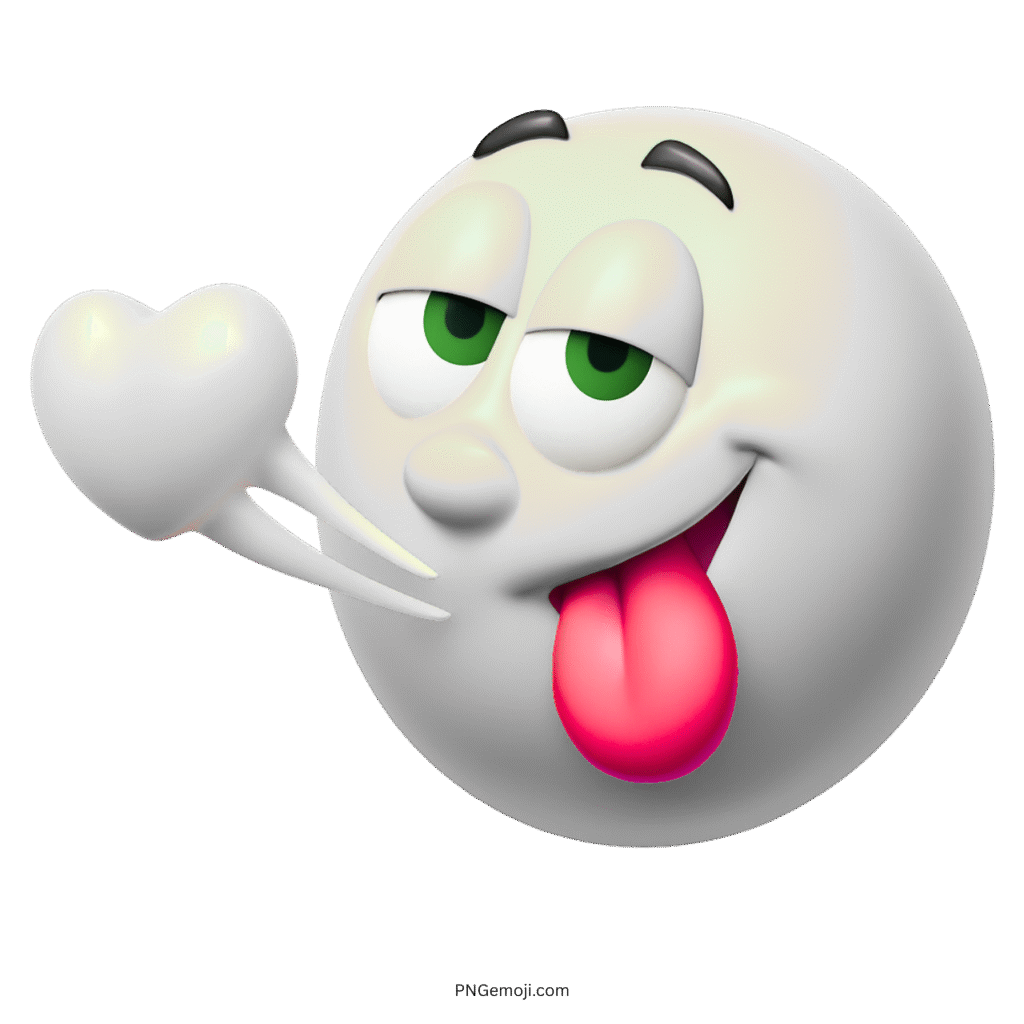 3D white emoji blowing heart kiss with red tongue out