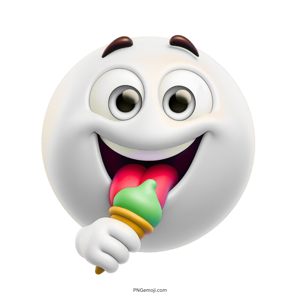 White emoji licking green and red ice cream with cheerful 3D cartoon expression