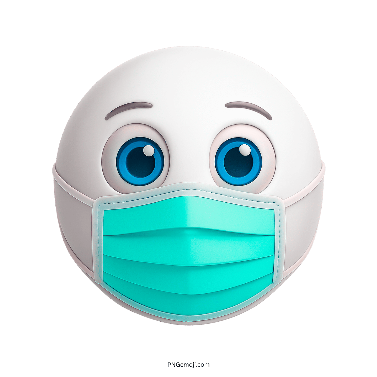 White emoji face with bright eyes wearing teal surgical protective face mask