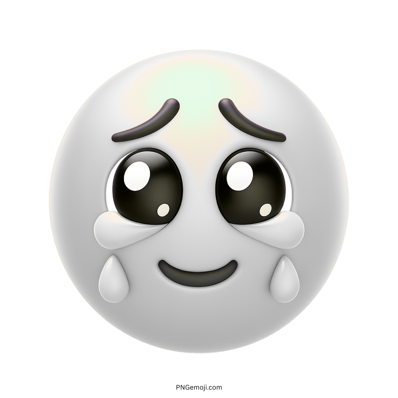 White emoji with glossy eyes softly holding back heartfelt, emotional tears