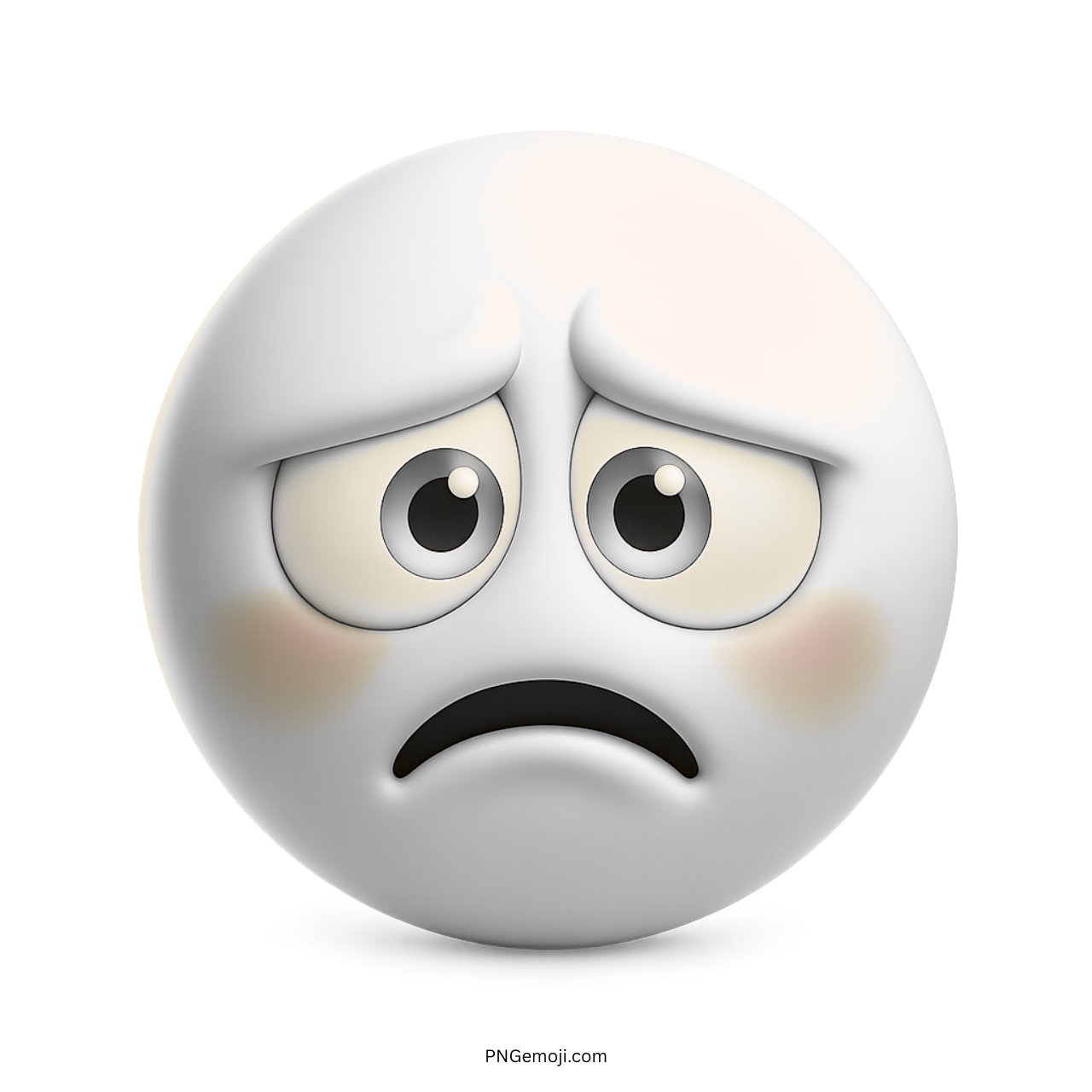 3D white frowning emoji with sorrowful eyes and curved down mouth showing sadness