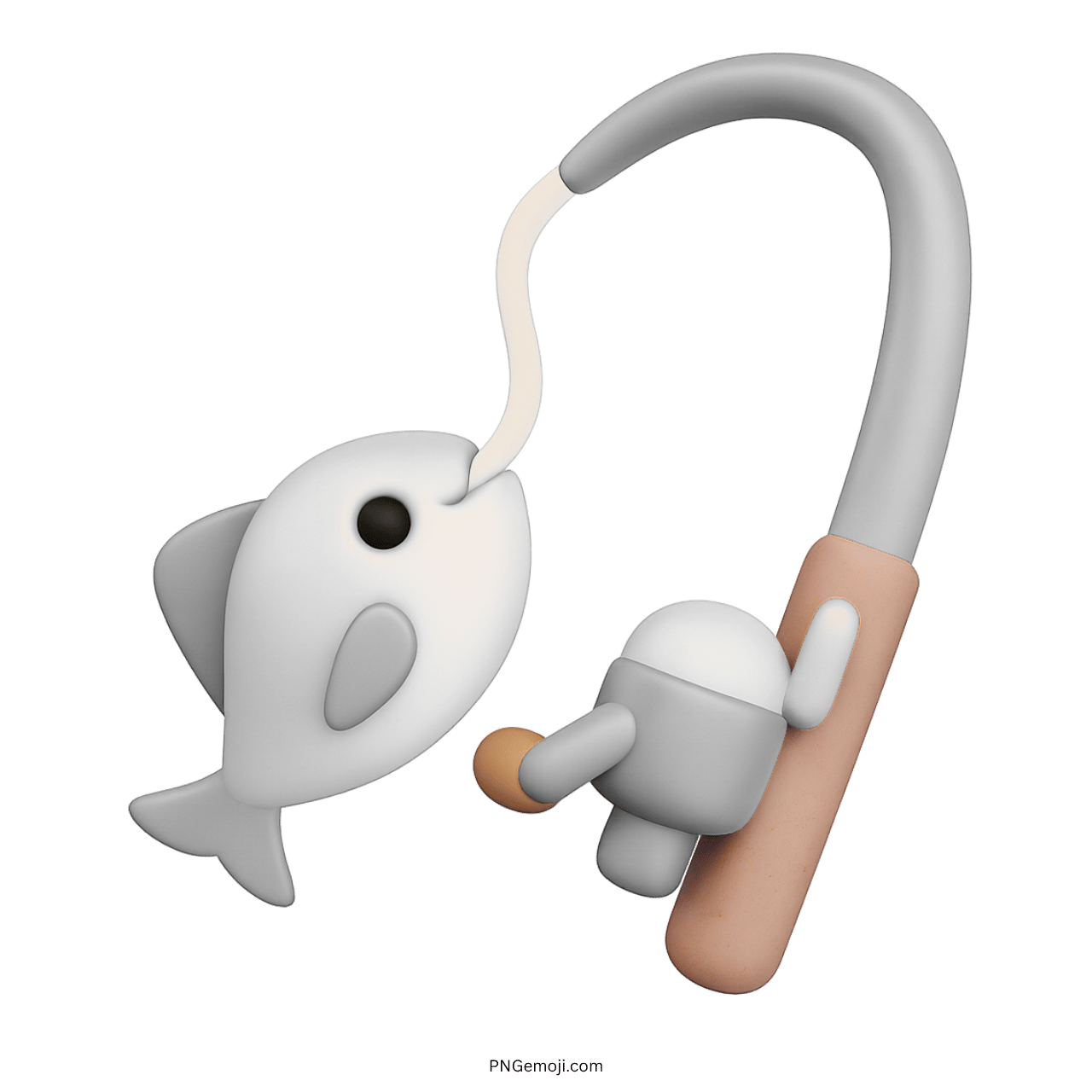 White and grey 3D fishing pole emoji with cartoon fish icon on transparent background
