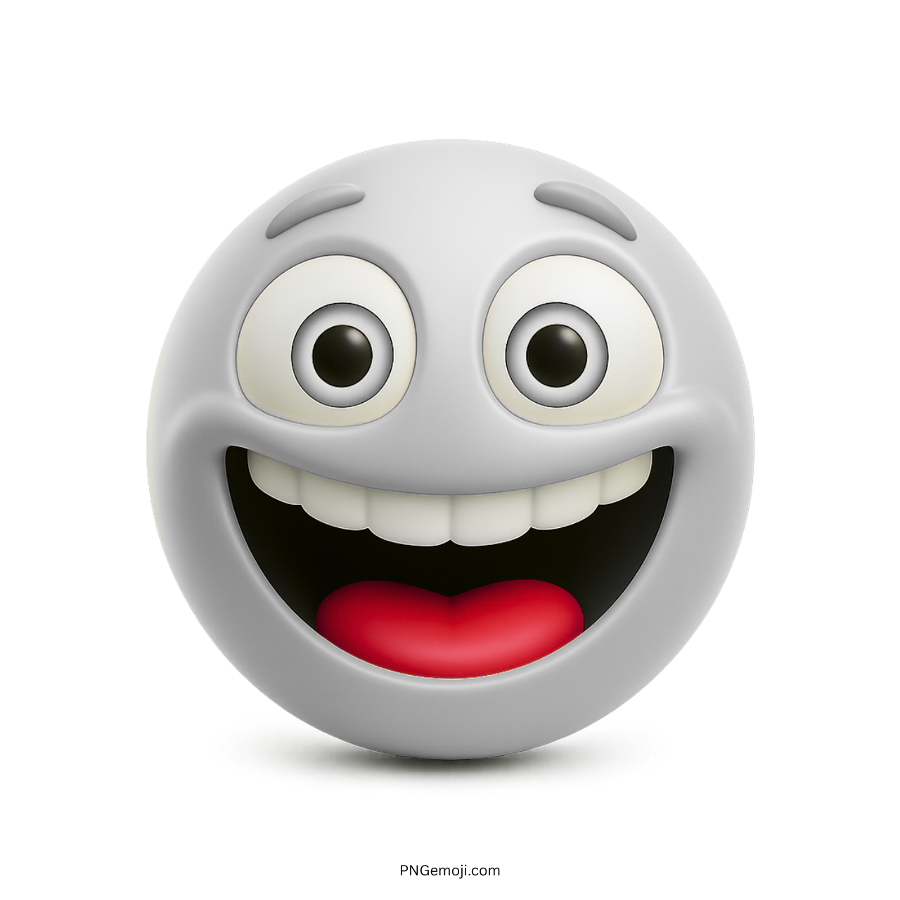 3D white emoji with big smiling face, joyful cartoon eyes, and open mouth expression