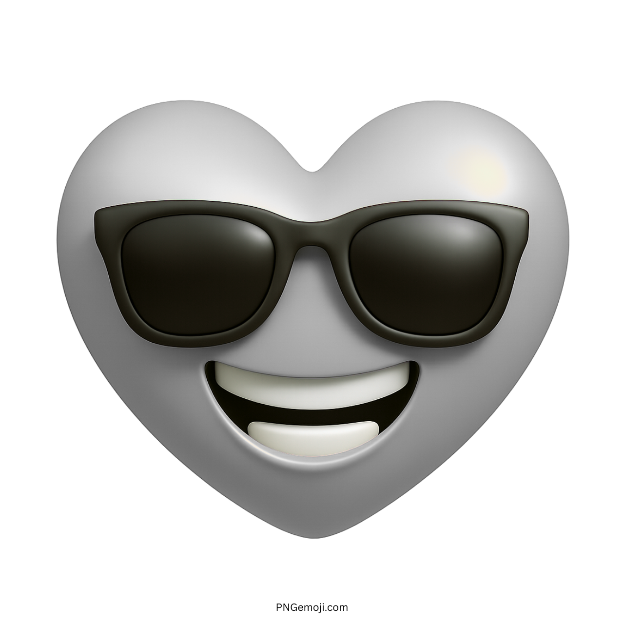 White heart emoji with black sunglasses and wide smile in 3D cartoon design