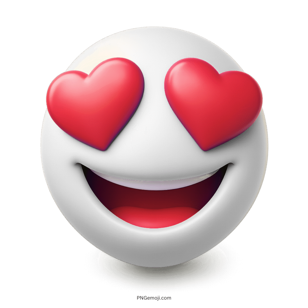 3D white emoji with red heart eyes and joyful open mouth expressing love.