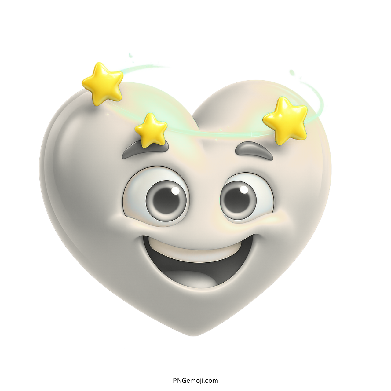 White heart emoji smiling with big eyes and yellow stars spinning around its head