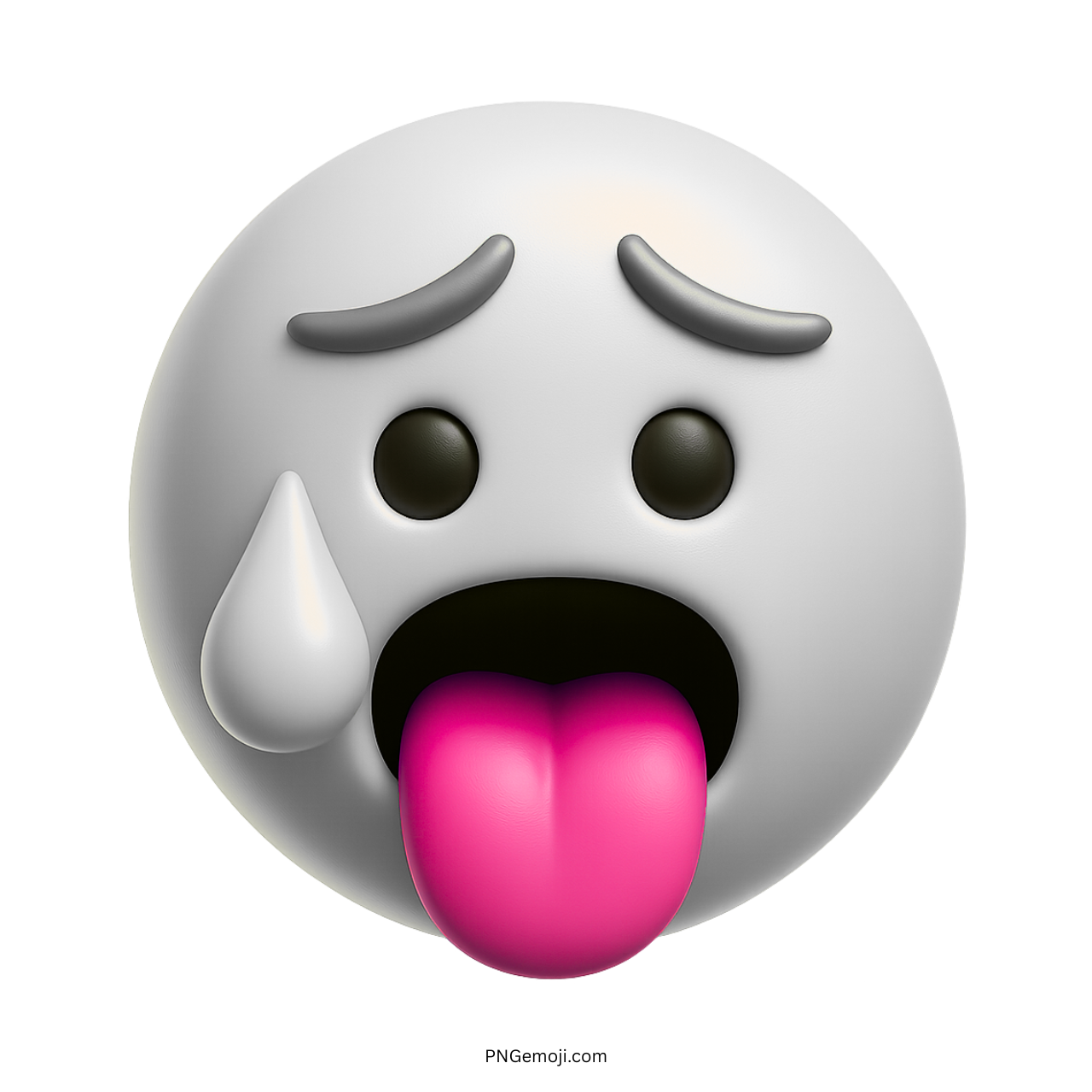 White 3D hot face emoji sweating with tongue out and sad eyebrows