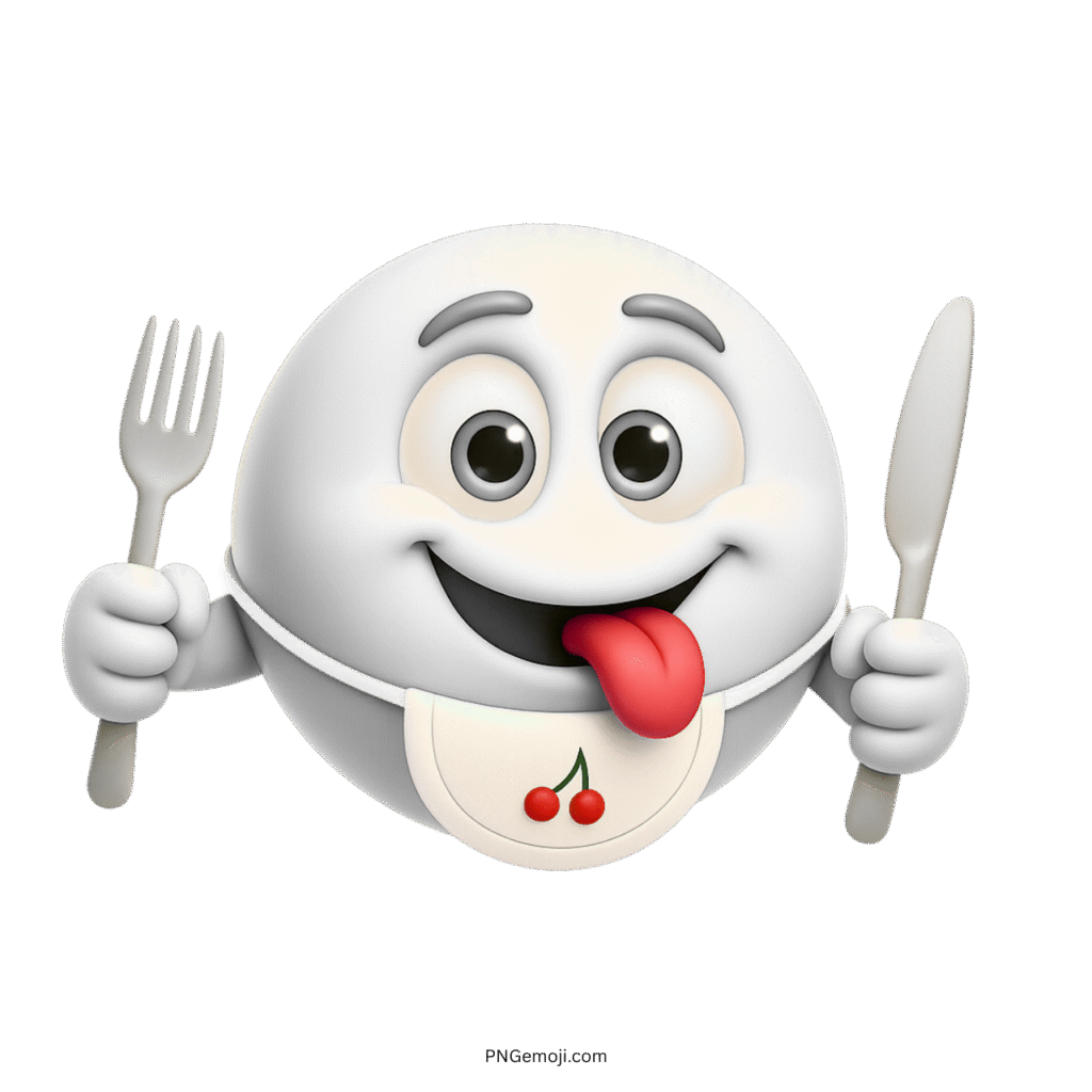 White emoji with fork, knife, cherry bib, and tongue out smiling