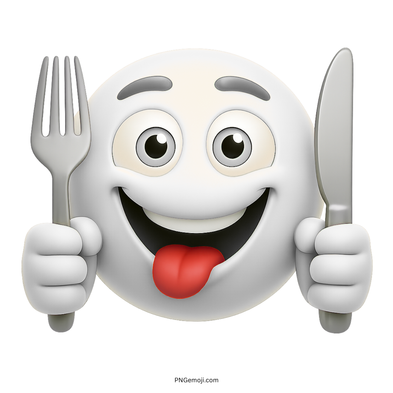 White hungry emoji holding fork and knife with red tongue out showing excitement for food