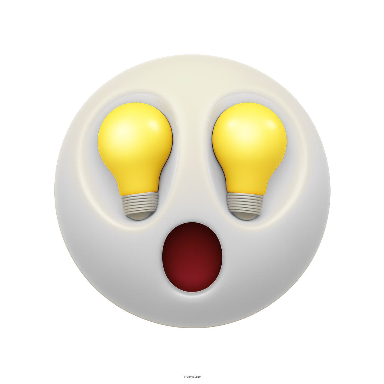 White emoji face with yellow lightbulb eyes and surprised red mouth showing idea spark