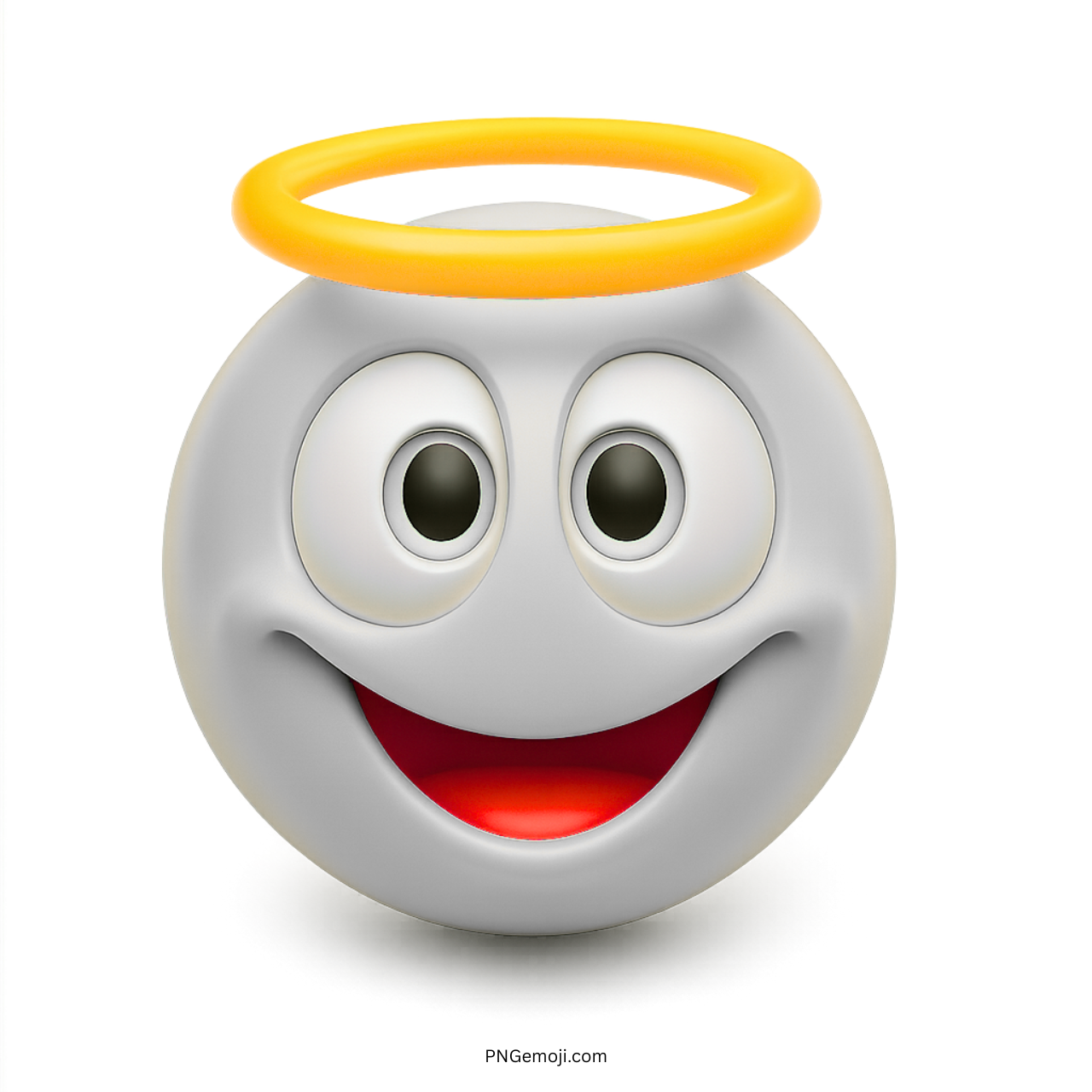 3D white innocent smiley emoji with yellow halo and cheerful pure expression