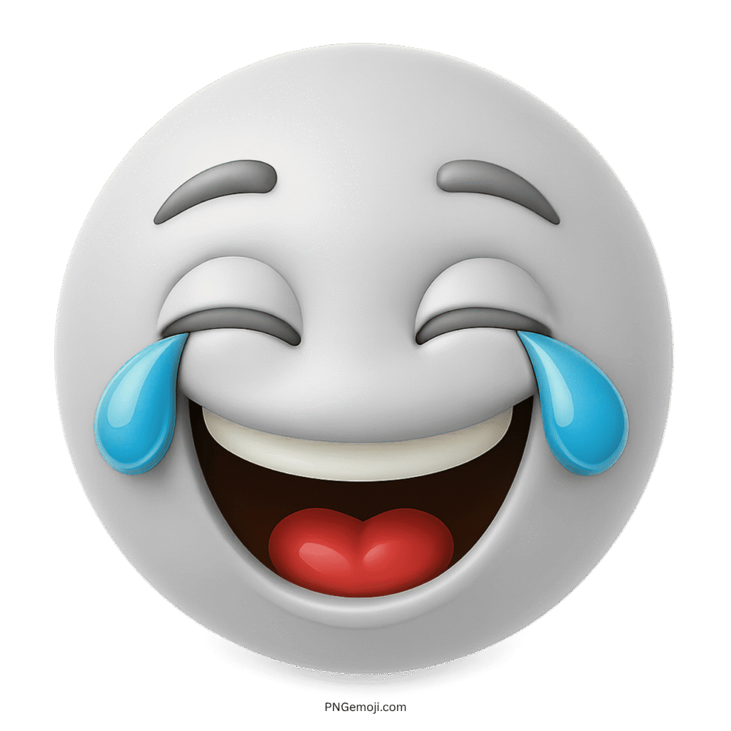 3D white laughing emoji with smiling face and blue tears of joy