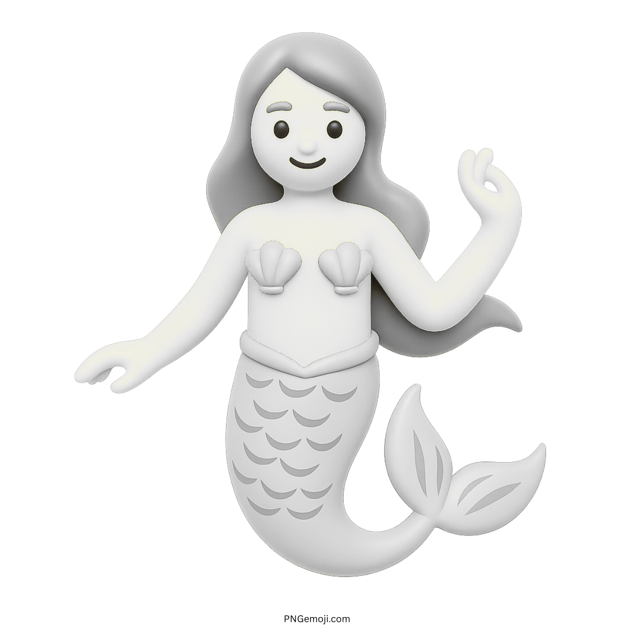 3D white mermaid emoji in monochrome style with shell bra and fishtail