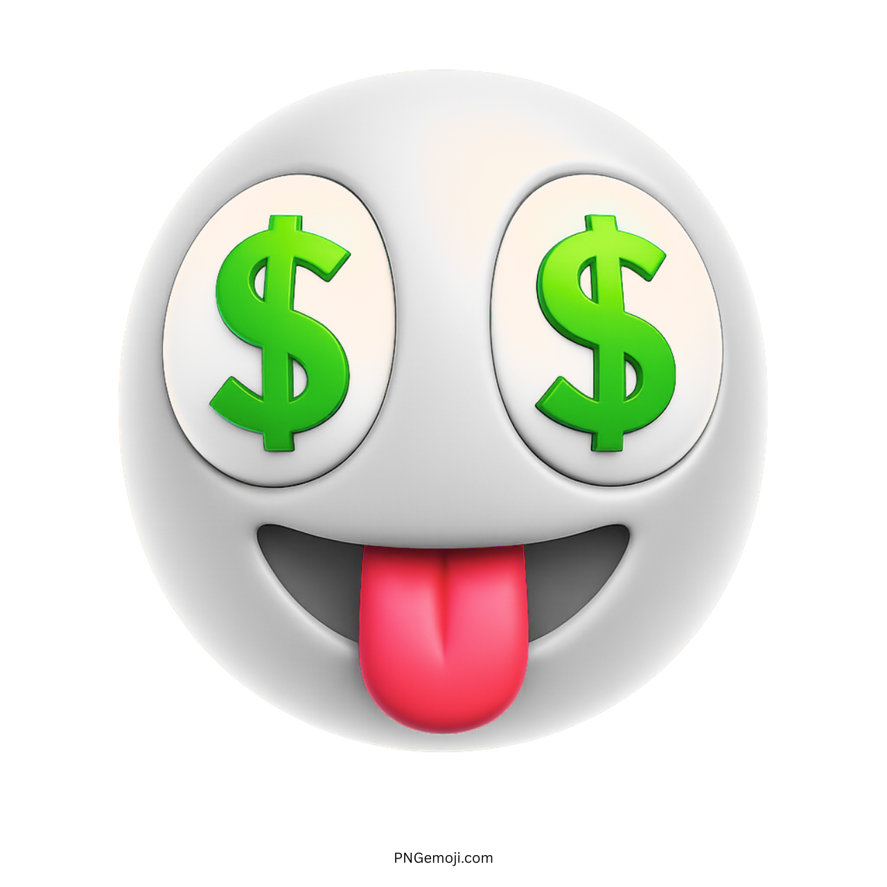 White emoji face with dollar eyes and red tongue out showing money excitement