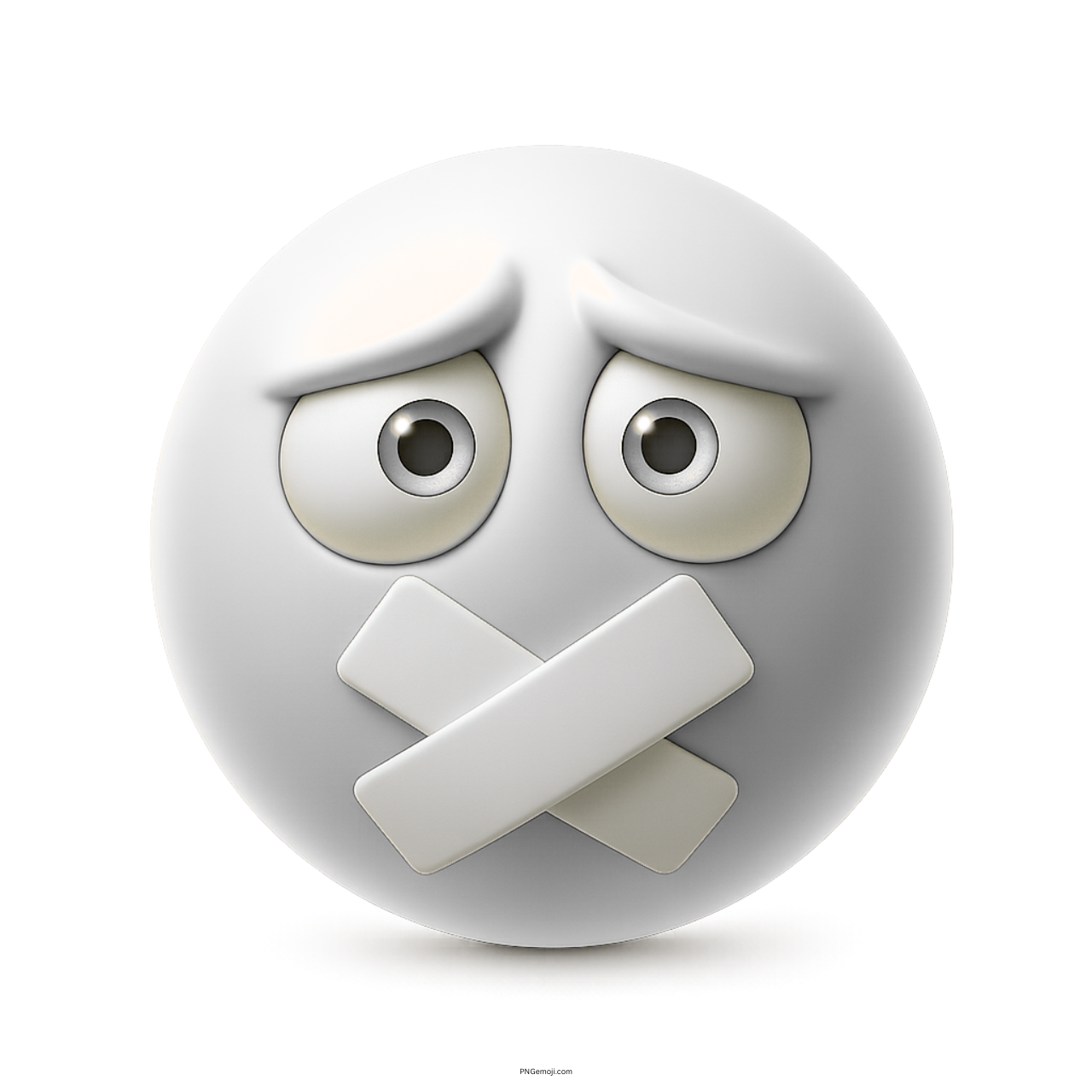 White muted emoji with crossed tape mouth and soft anxious eye expression