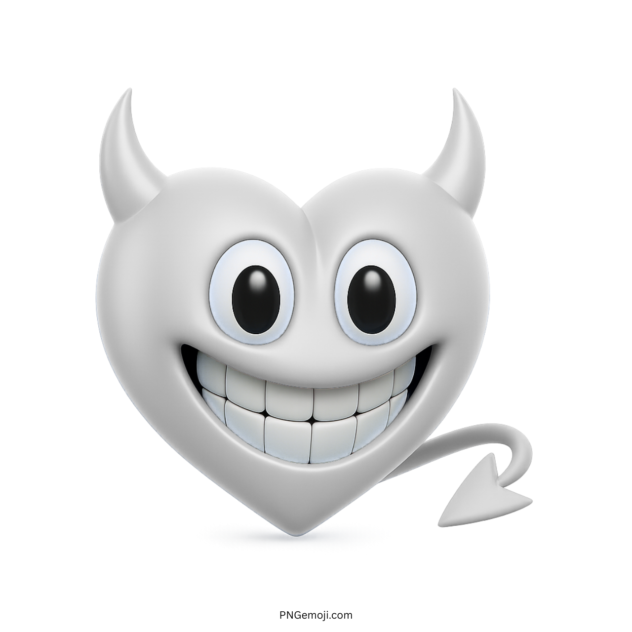 3D white heart emoji with devil horns, big grin, and pointed tail design