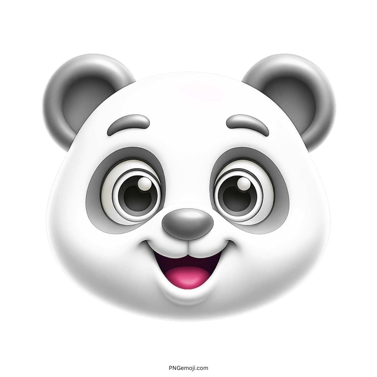 Cute white panda face emoji with big black eyes, cartoon style, smiling happily, gray ears, vibrant colors, cheerful expression.
