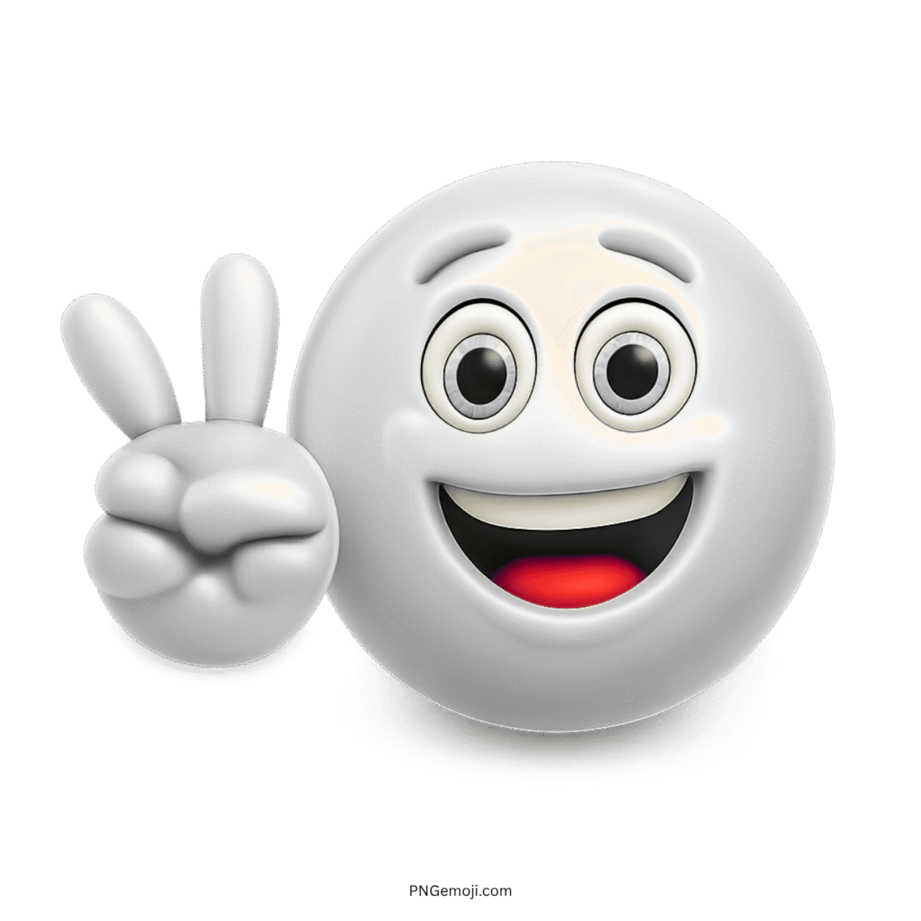 White smiling emoji with peace sign hand, cheerful expression, and cartoon 3D design