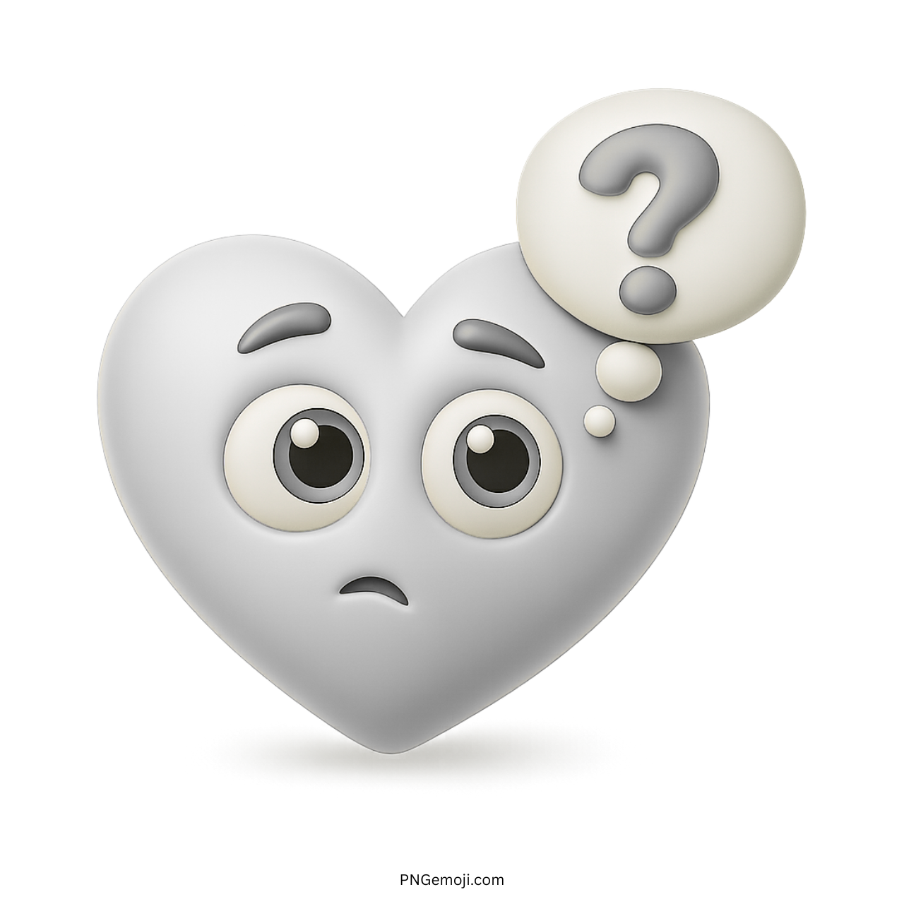White heart emoji with puzzled eyes and floating gray question mark thought bubble.