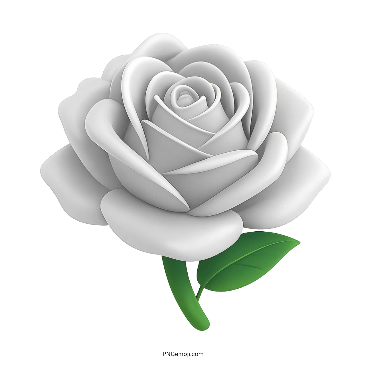 3D White Rose PNG image with soft petals and green leaves