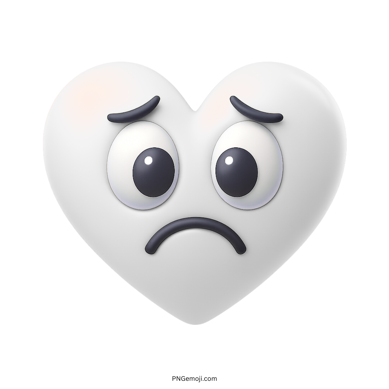 White heart emoji with sad cartoon eyes and frowny face in 3D design
