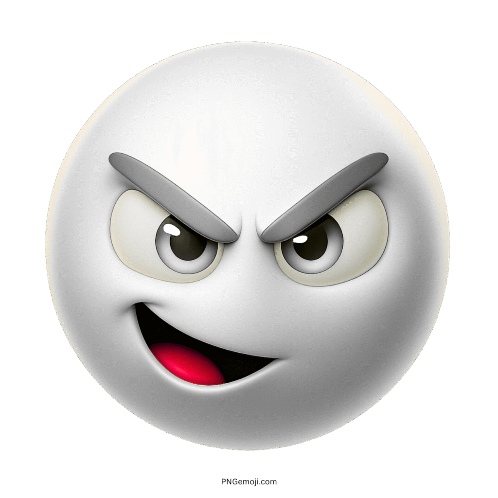 White emoji with sly smirk, intense stare, and mischievous expression in 3D