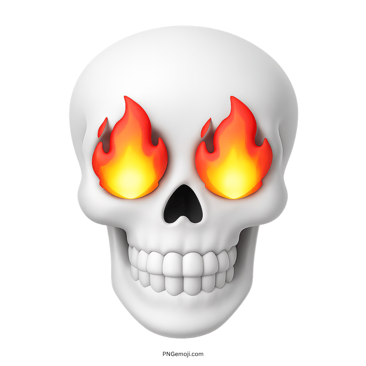 White skull emoji with flaming fire eyes and teeth