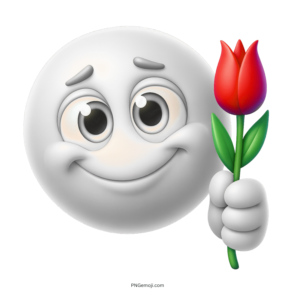 White smile emoji with big eyes holding red rose in cute cartoon style