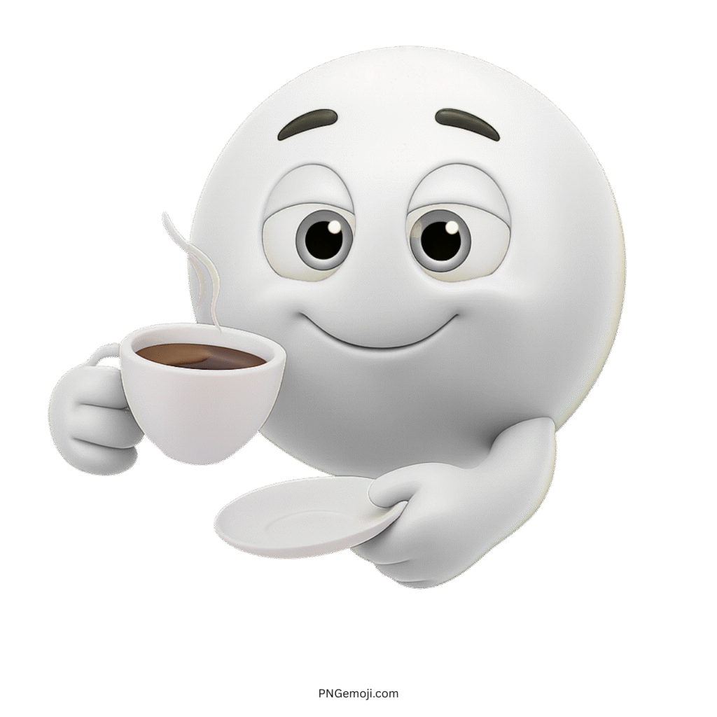 White emoji holding a cup of coffee with a gentle smile and relaxed eyes