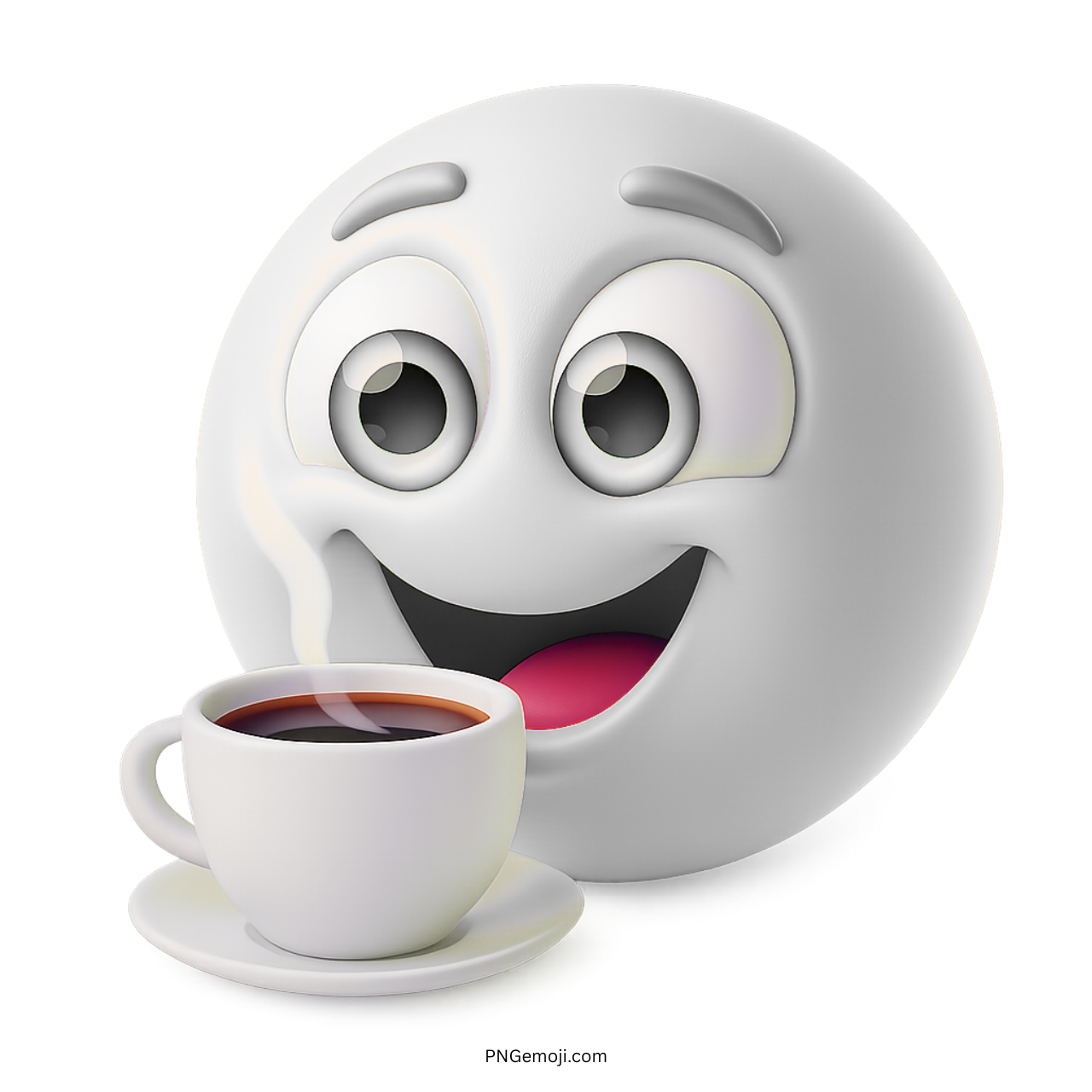 Smiling white emoji with happy expression and steaming hot coffee cup