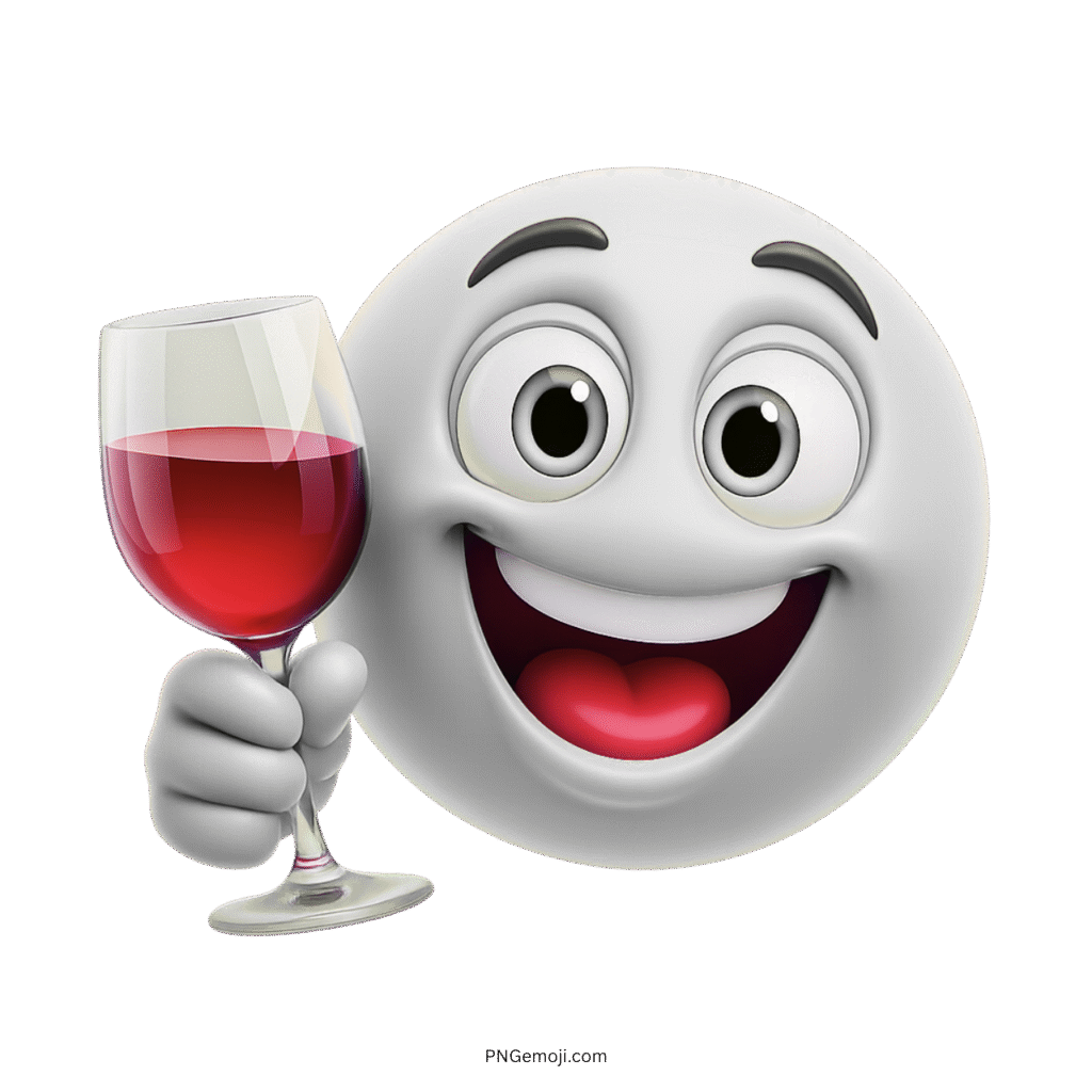White emoji smiling and holding a glass of red wine for a toast