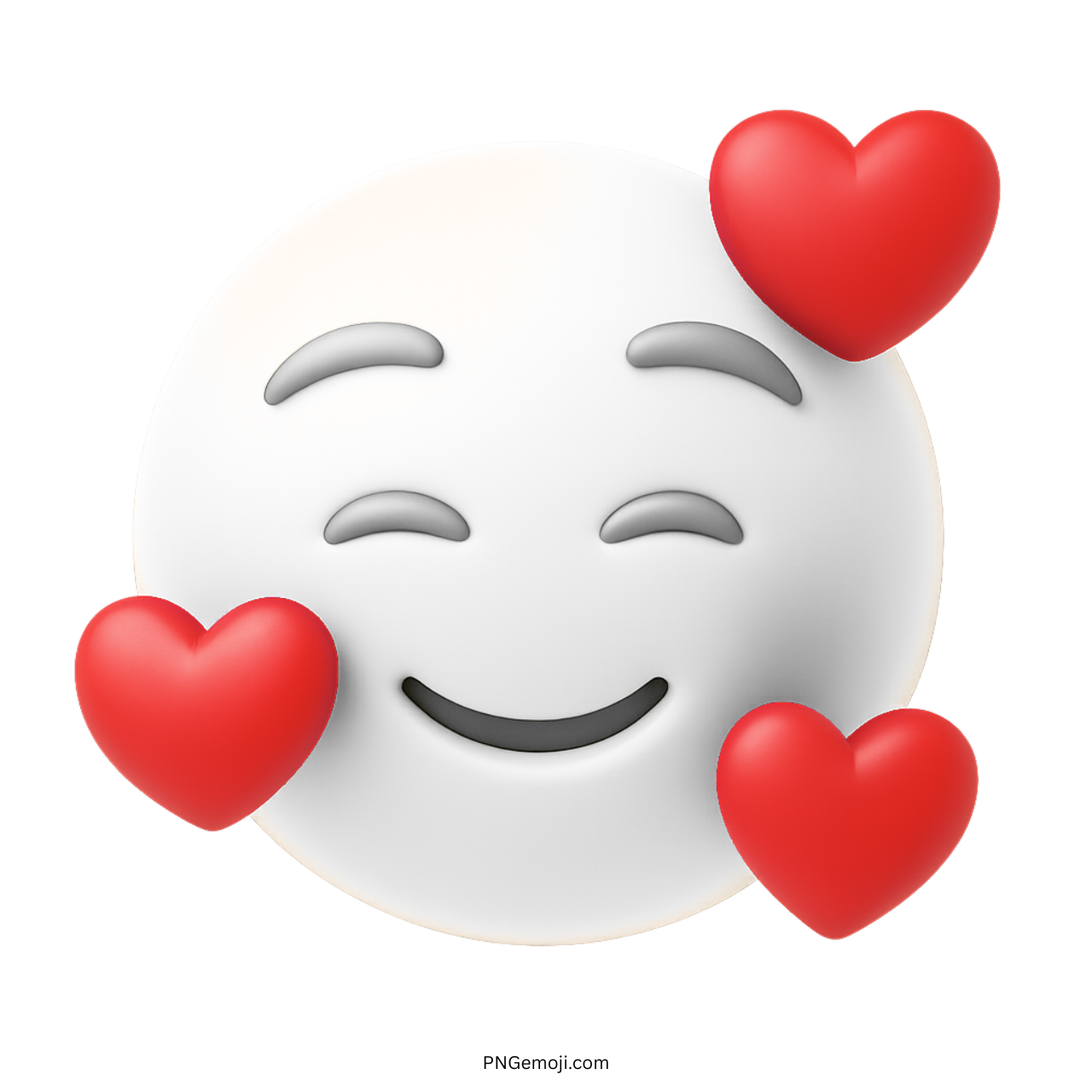White 3D smiling emoji with red hearts showing peace, love, and heartfelt emotion