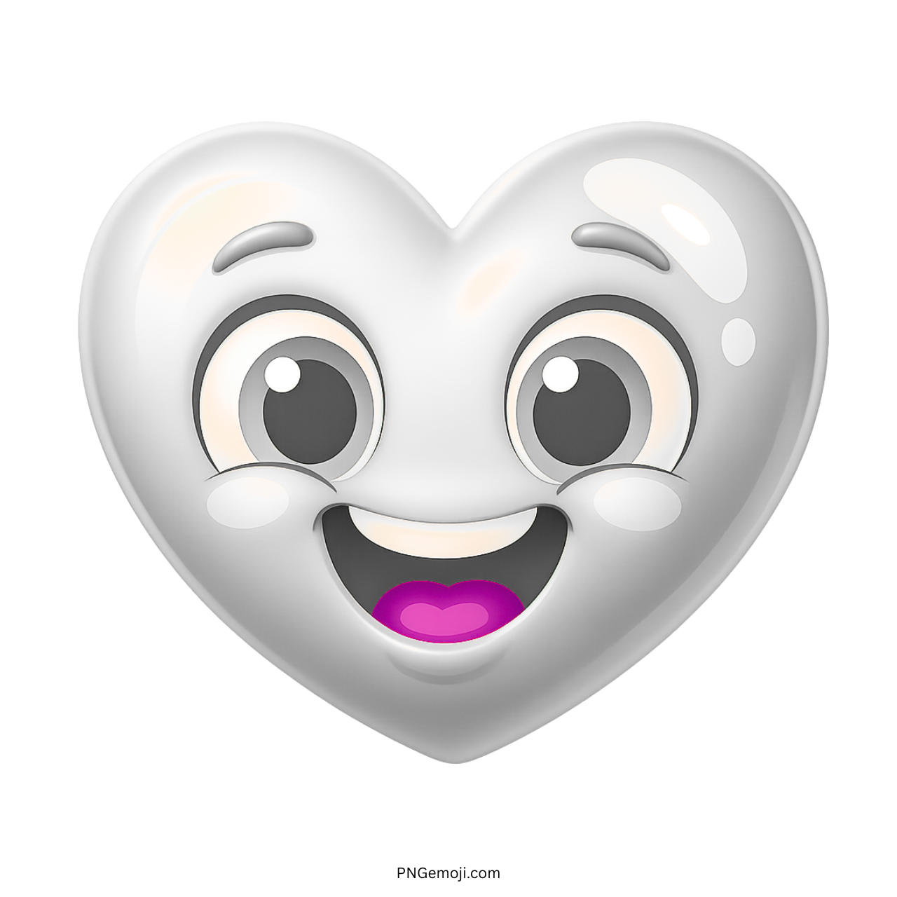Smiling white heart emoji with big eyes and bright joyful cartoon expression face