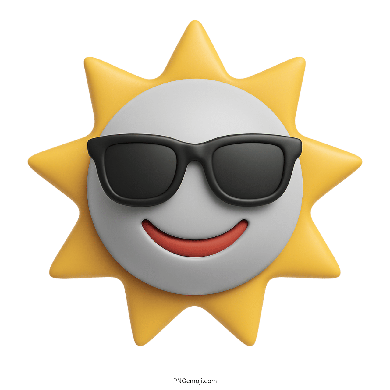 White 3D sun emoji face with sunglasses and red smiling mouth in yellow rays