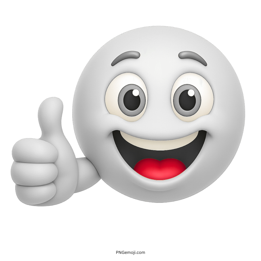 White smiley emoji giving thumbs up with happy face and clean, minimal design