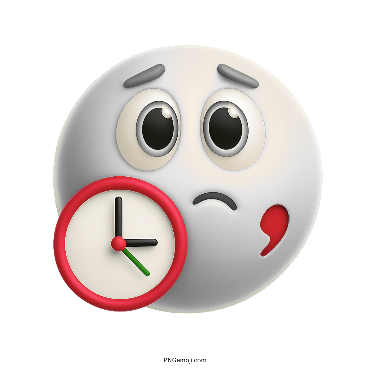 3D white waiting emoji with clock and nervous expression showing delay or anticipation