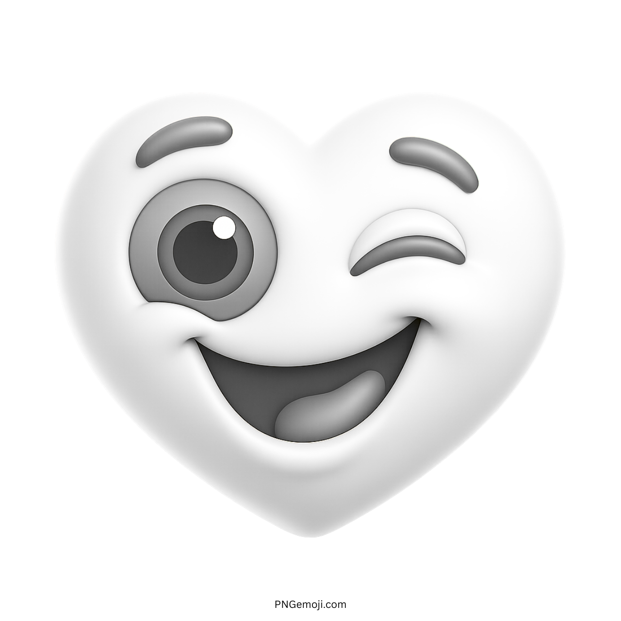 White 3D heart emoji with smiling face and winking eye in minimalist style