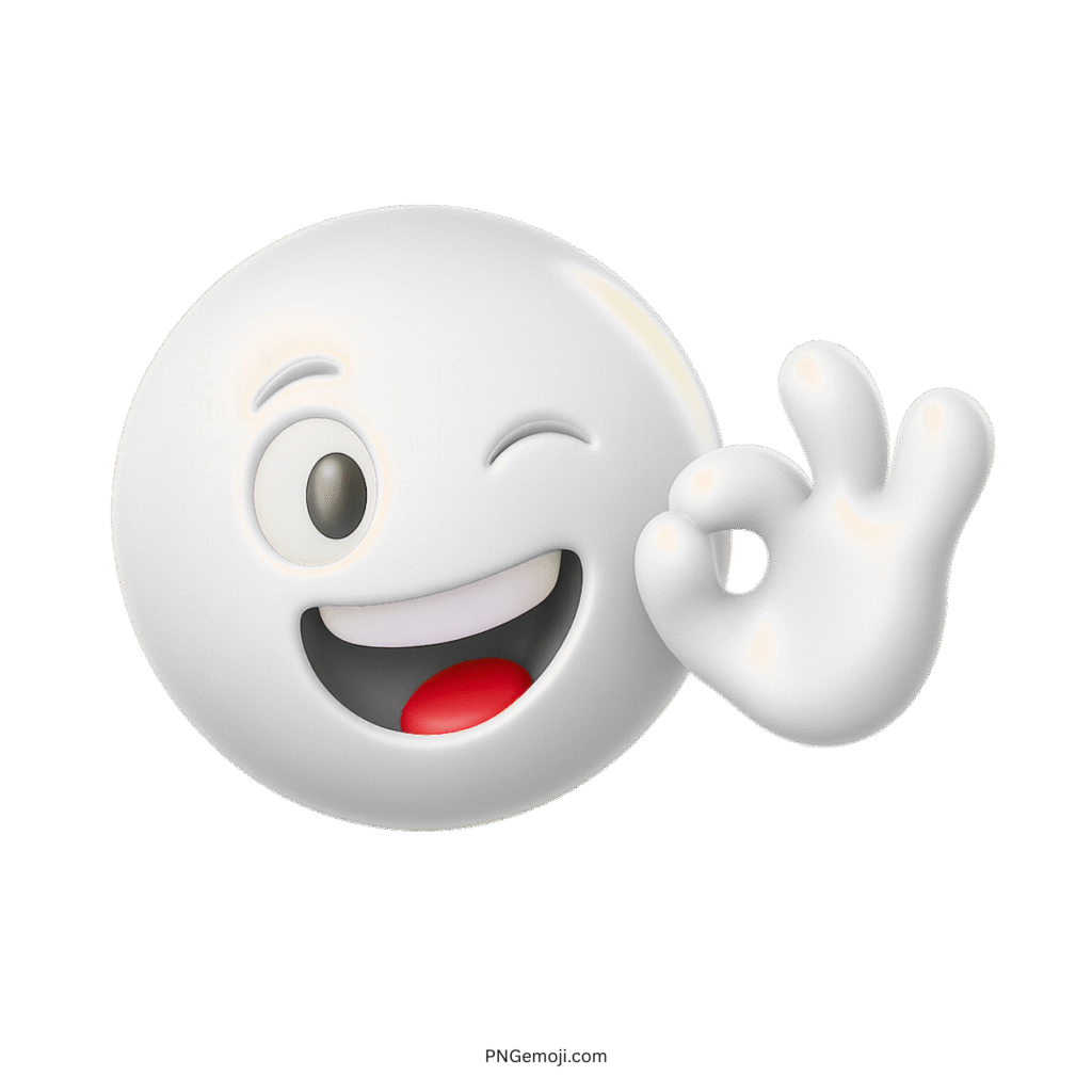 White 3D emoji winking and smiling with OK hand sign expression