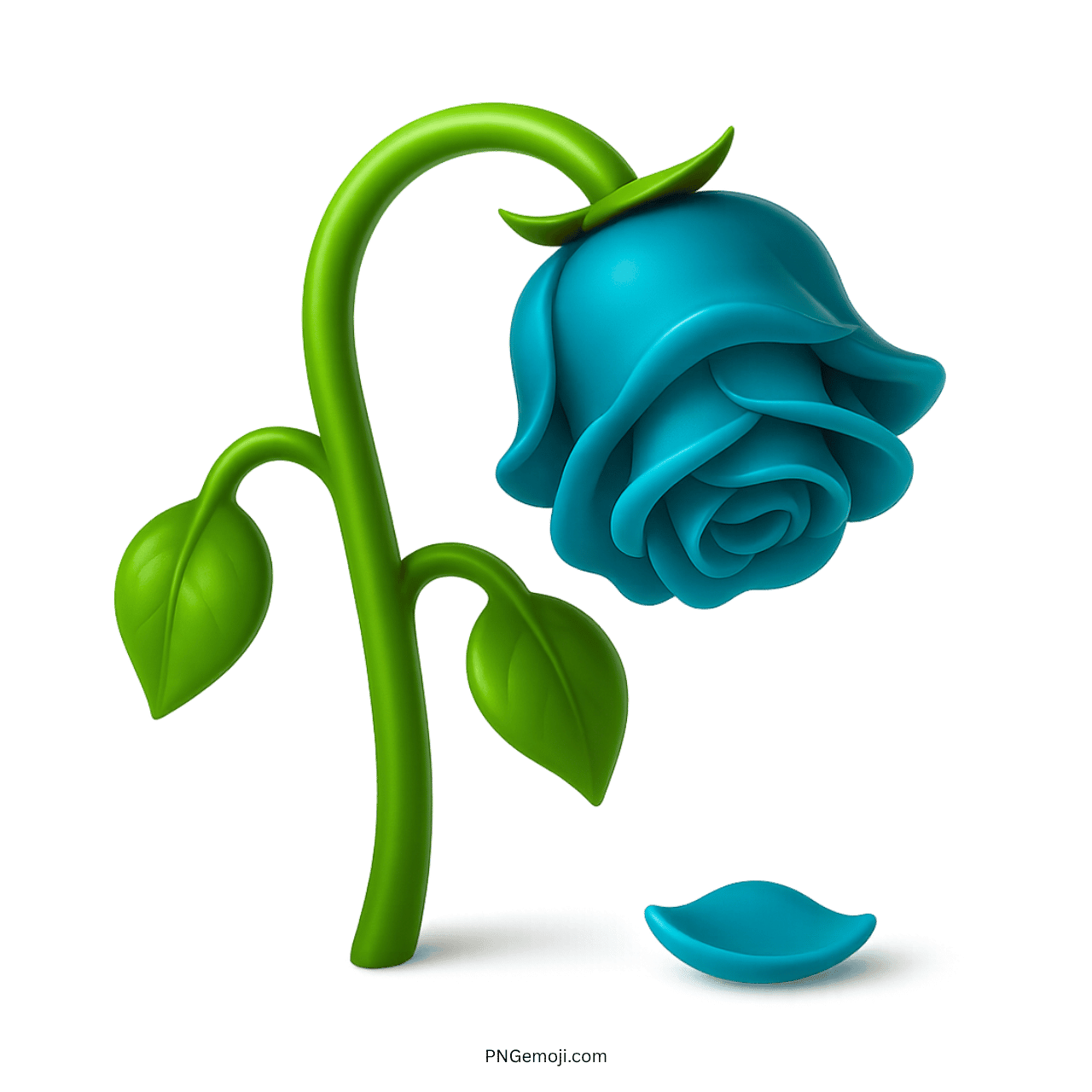 Wilted aqua blue rose emoji with a drooping stem and fallen petal on a transparent background.
