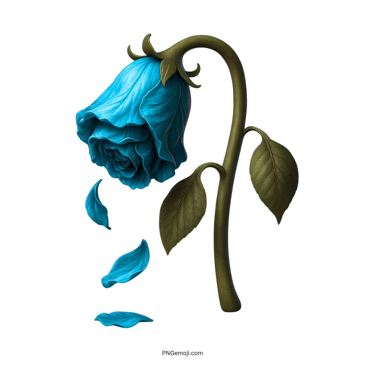 Wilted blue rose representing fading tranquility, peace, and emotional loss with falling petals.