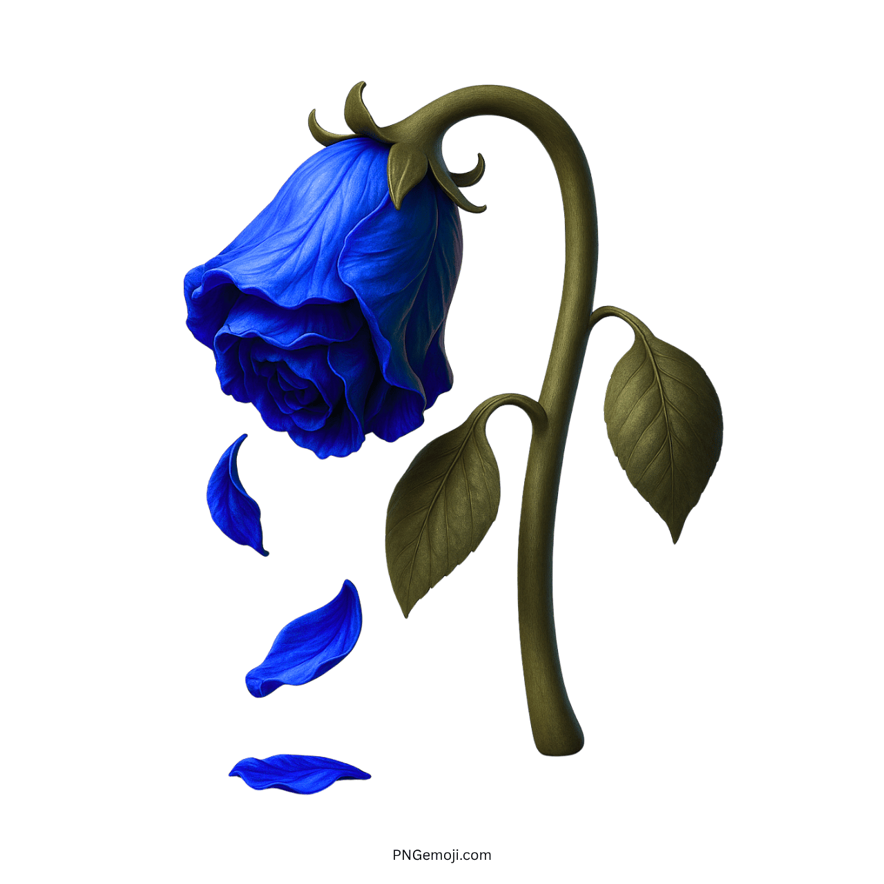 Wilted blue rose with falling petals, symbolizing loss and fading beauty.
