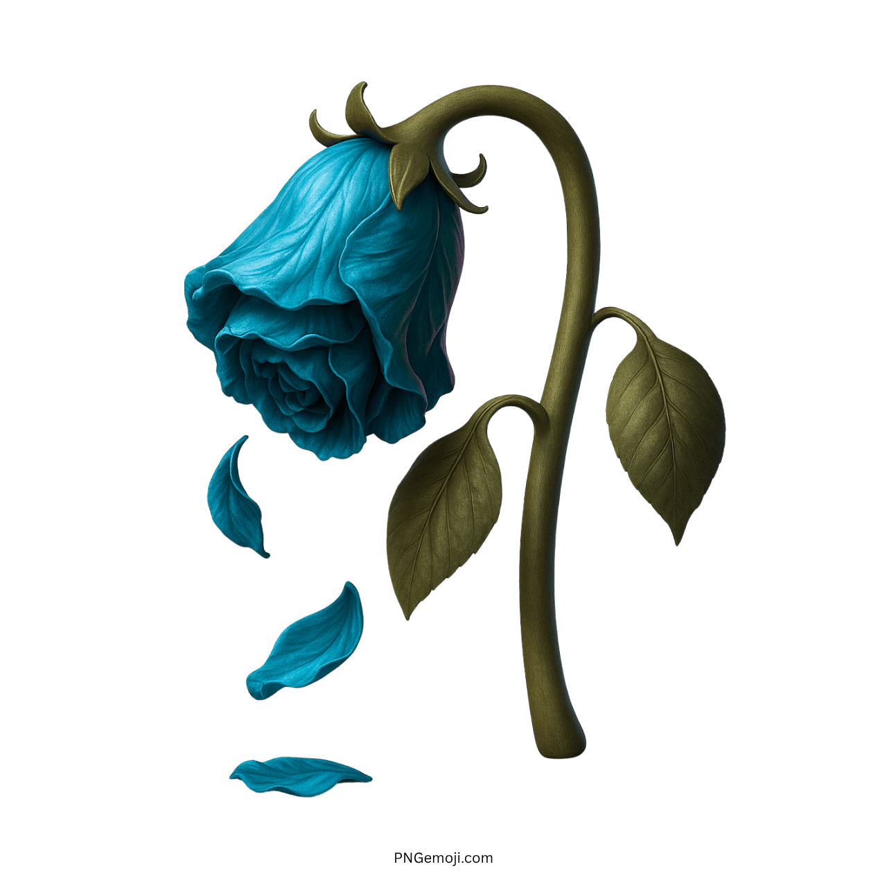 Wilted teal rose representing fading calm, serenity, and emotional loss with falling petals.