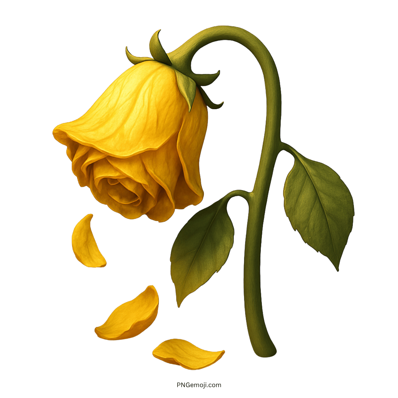 Wilted yellow rose symbolizing fading joy, friendship, and loss with falling petals.