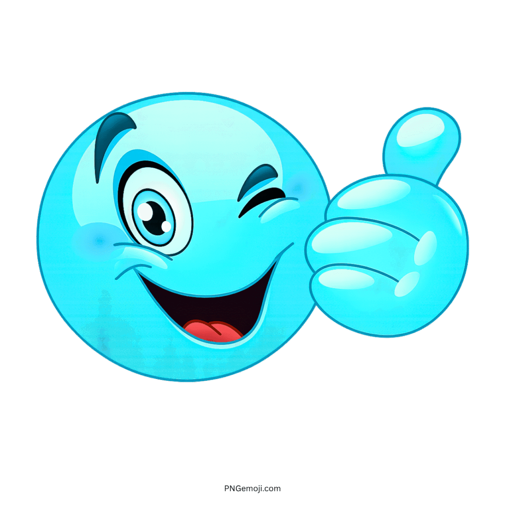 Winking blue emoji giving thumbs up with happy cartoon face and shiny surface