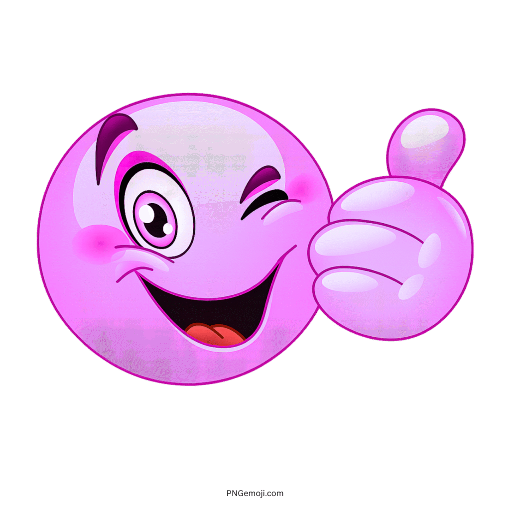 Winking pink emoji with thumbs up and cheerful glossy cartoon face